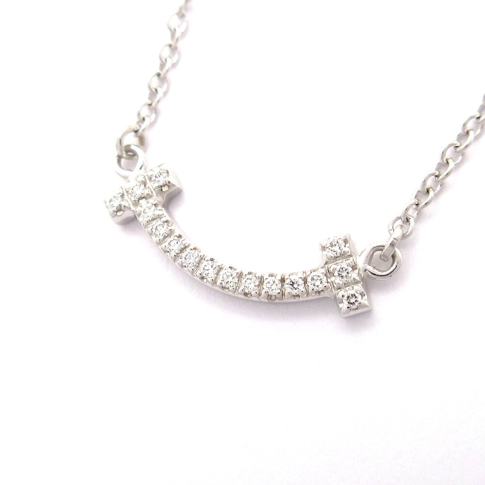 Tiffany & Co. T Smile Pendant Mini Necklace 18K White Gold Diamond
